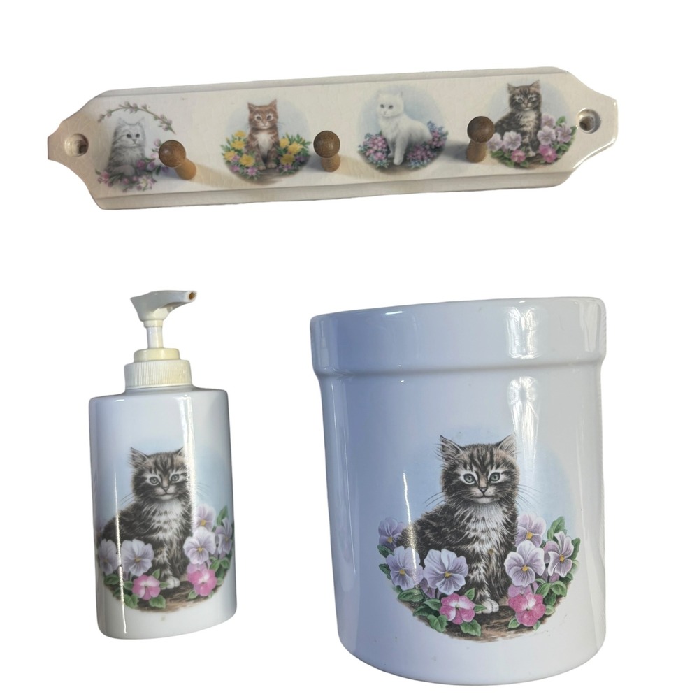 Vintage Ceramic Kitten Floral Bathroom Set Soap Dispenser Tumbler Wall Hook Rack